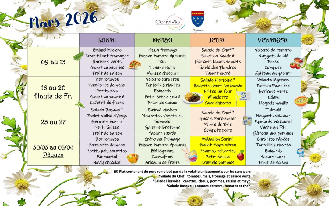 Menus scolaires Mars 2026